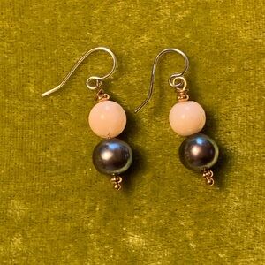 Black Freshwater Pearl Pink Opal Dangle Earrings